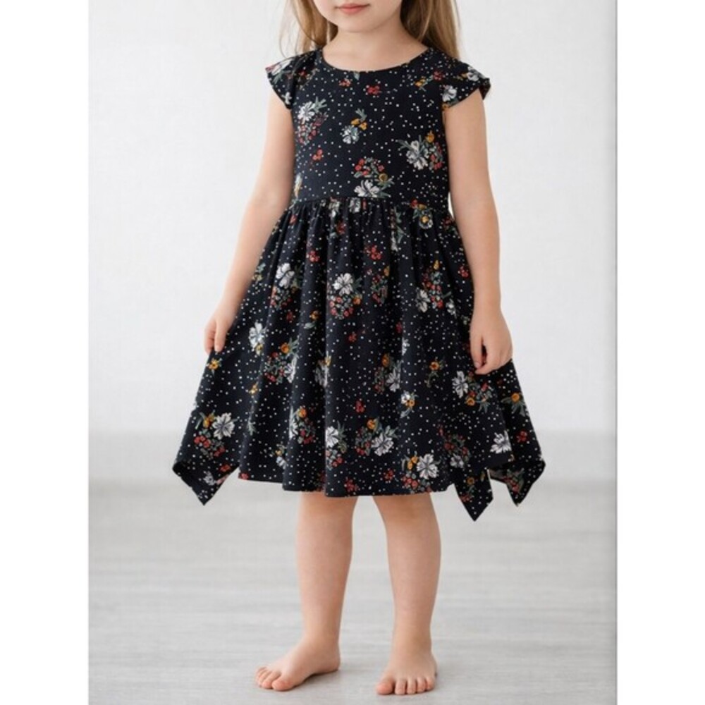 Girls Navy Floral Fit-and-Flare Dress Handkerchief Hem Dress